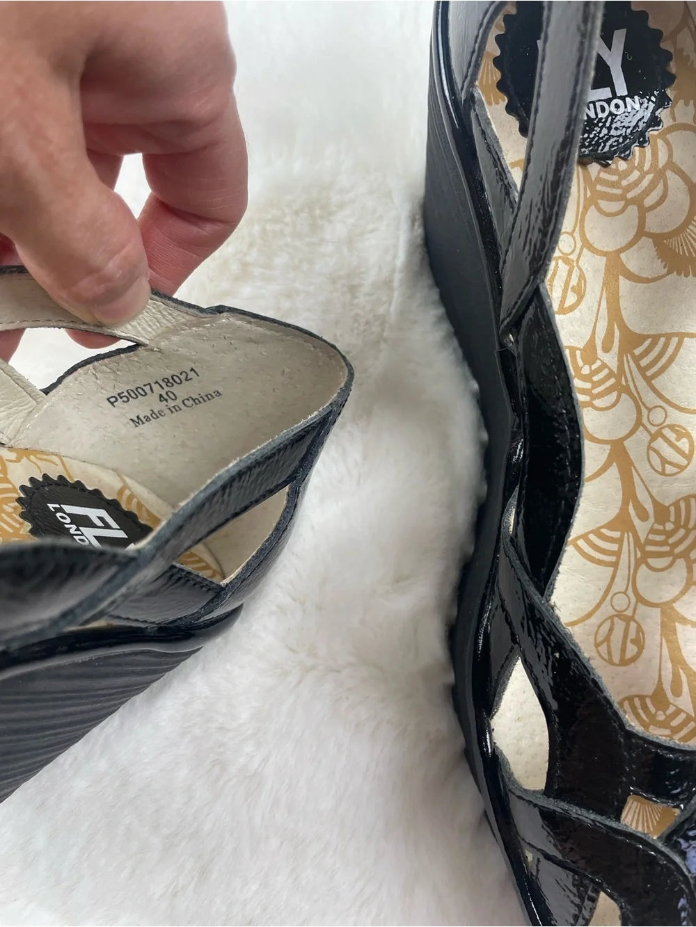 Fly London Black Patent Wedge Sandals Size 40